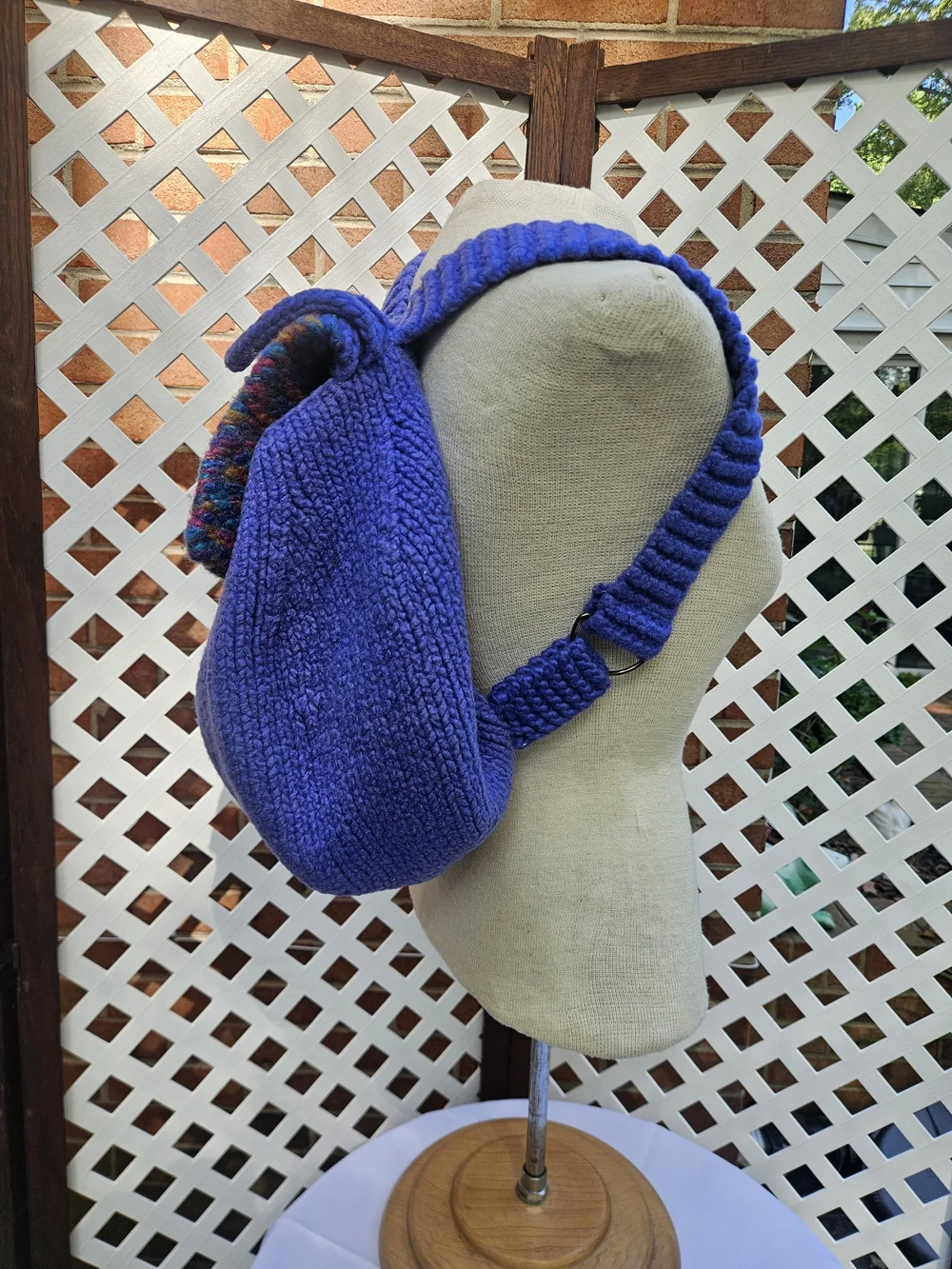 Handmade Tight Knit Backpack in Royal Purple with Multicolor Flap & Button Close